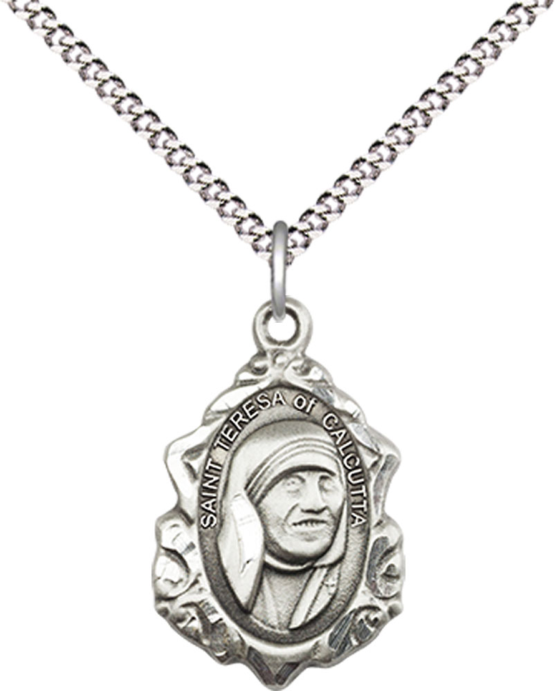 Sterling Silver Saint Teresa of Calcutta Pendant on a 18 inch Light Rhodium Light Curb chain