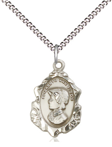 Sterling Silver Saint Elizabeth Ann Seton Pendant on a 18 inch Light Rhodium Light Curb chain