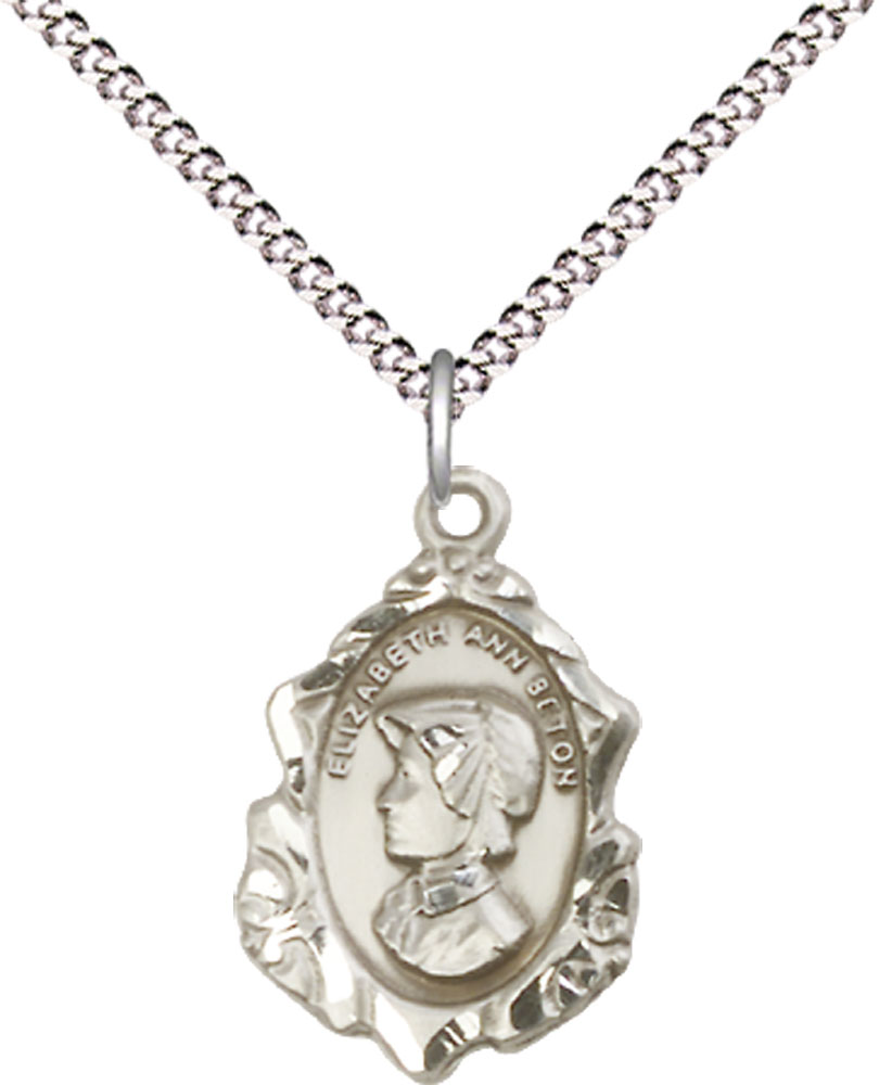 Sterling Silver Saint Elizabeth Ann Seton Pendant on a 18 inch Light Rhodium Light Curb chain