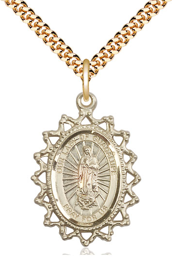 14kt Gold Filled Our Lady of Guadalupe Pendant on a 24 inch Gold Plate Heavy Curb chain