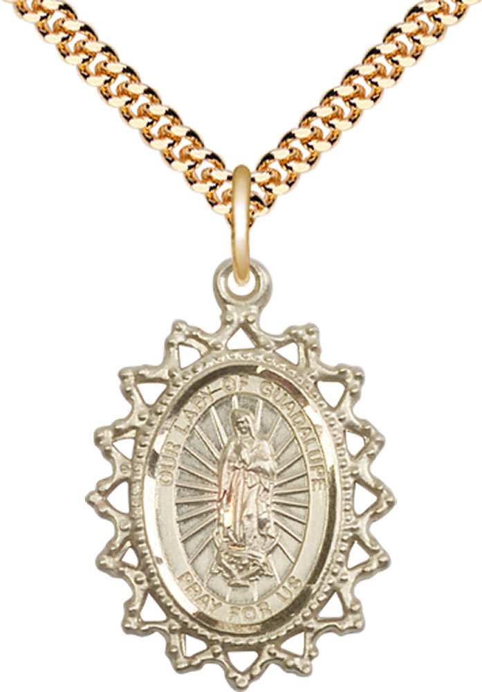 14kt Gold Filled Our Lady of Guadalupe Pendant on a 24 inch Gold Plate Heavy Curb chain