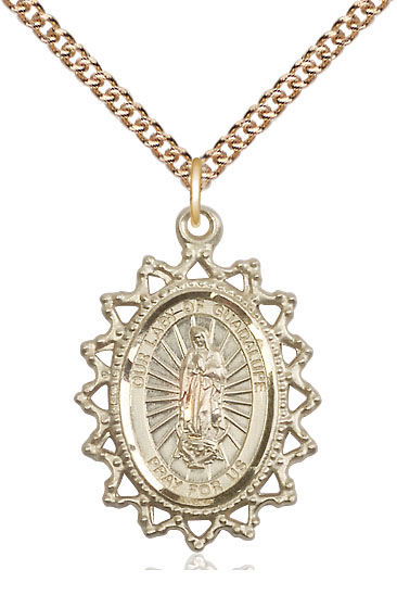 14kt Gold Filled Our Lady of Guadalupe Pendant on a 24 inch Gold Filled Heavy Curb chain