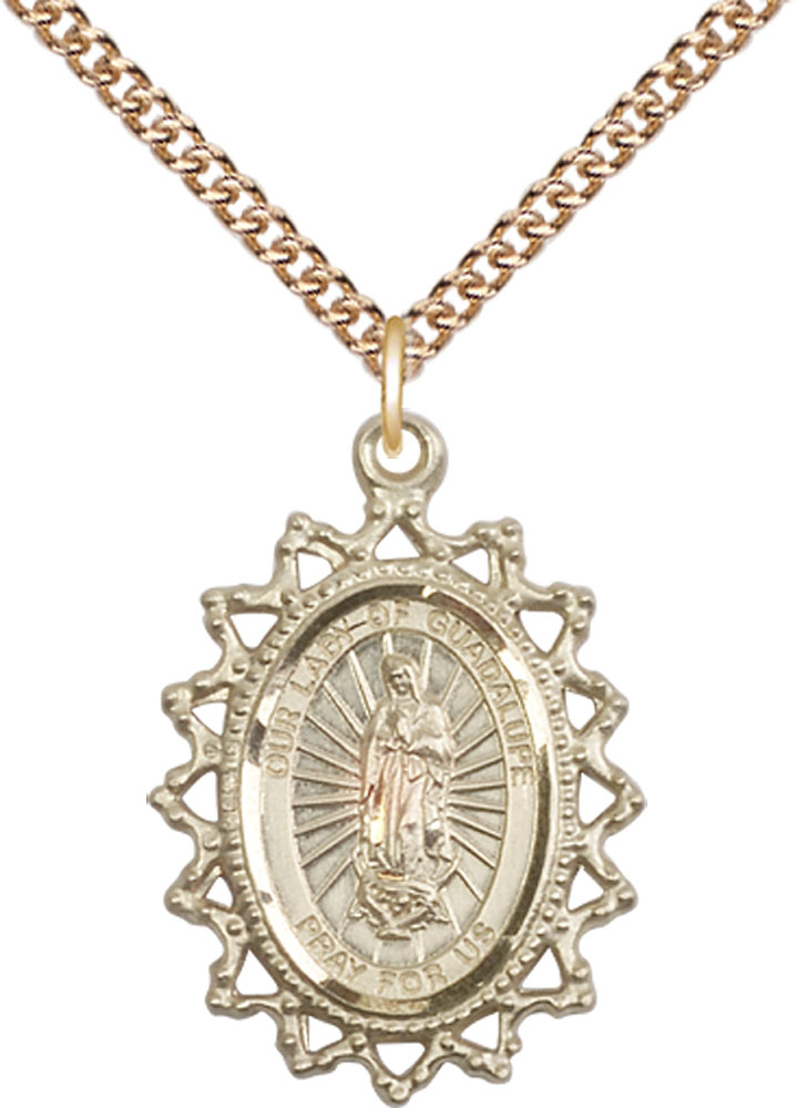 14kt Gold Filled Our Lady of Guadalupe Pendant on a 24 inch Gold Filled Heavy Curb chain