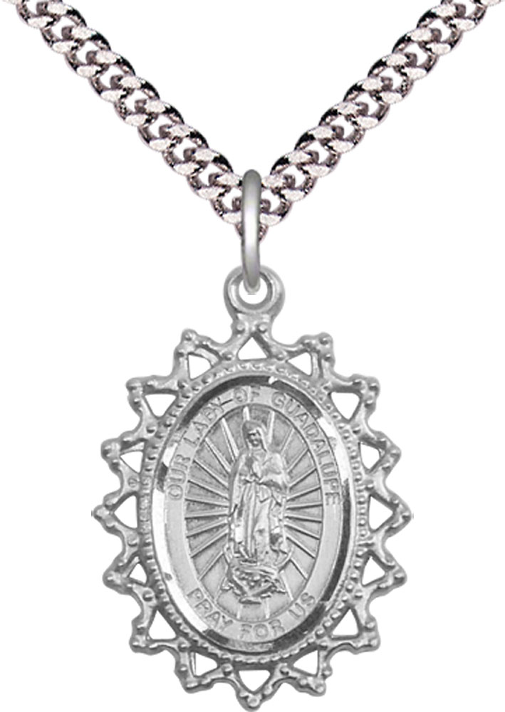 Sterling Silver Our Lady of Guadalupe Pendant on a 24 inch Light Rhodium Heavy Curb chain