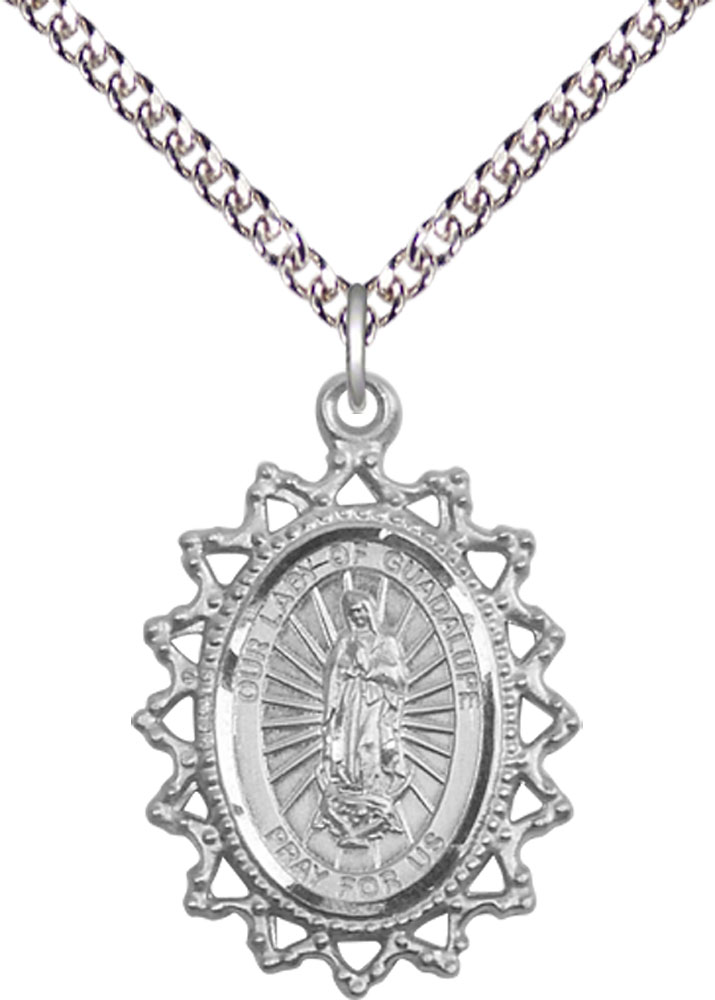 Sterling Silver Our Lady of Guadalupe Pendant on a 24 inch Sterling Silver Heavy Curb chain