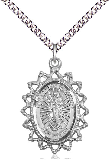 Sterling Silver Our Lady of Guadalupe Pendant on a 24 inch Sterling Silver Heavy Curb chain