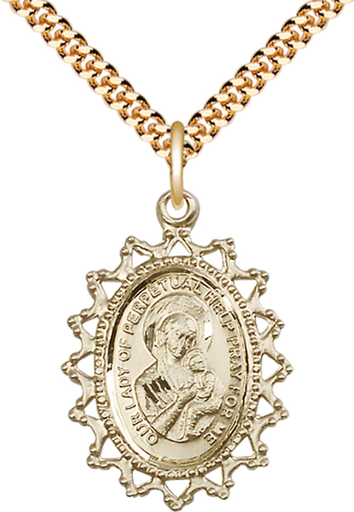 14kt Gold Filled Our Lady of Perpetual Help Pendant on a 24 inch Gold Plate Heavy Curb chain