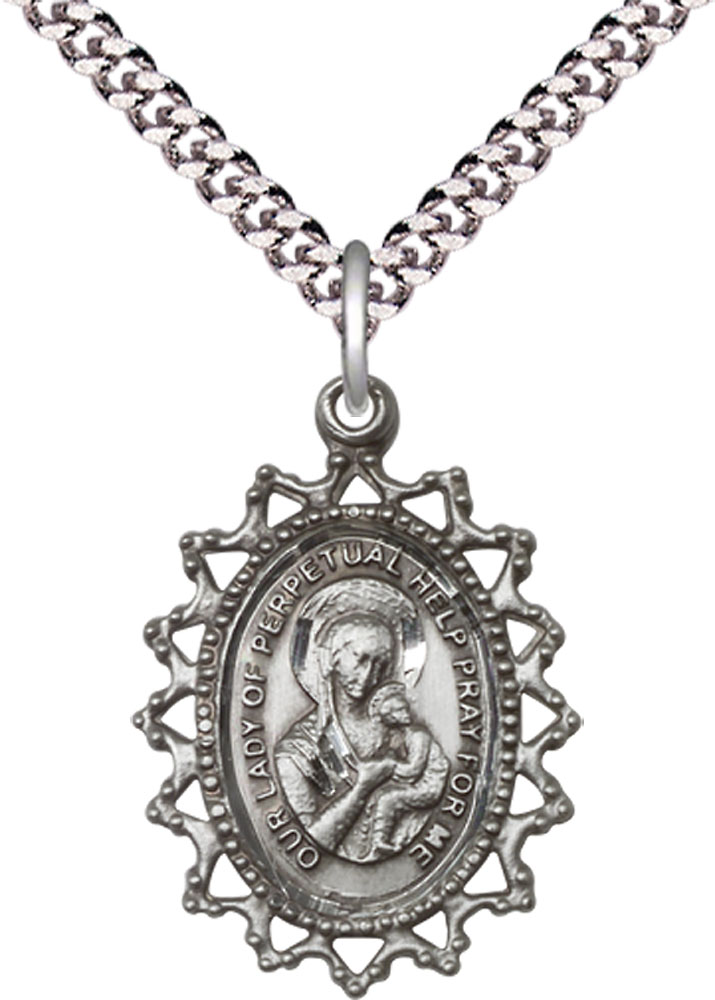 Sterling Silver Our Lady of Perpetual Help Pendant on a 24 inch Light Rhodium Heavy Curb chain