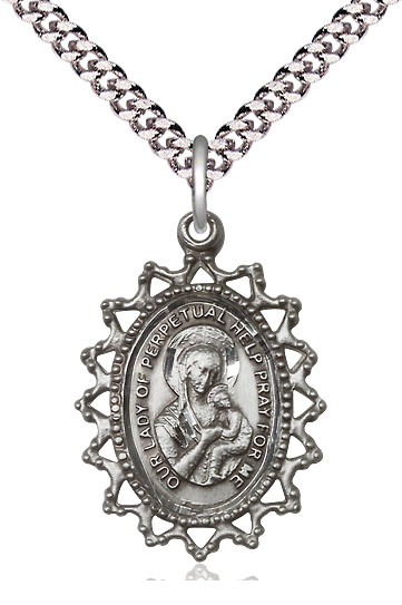 Sterling Silver Our Lady of Perpetual Help Pendant on a 24 inch Light Rhodium Heavy Curb chain