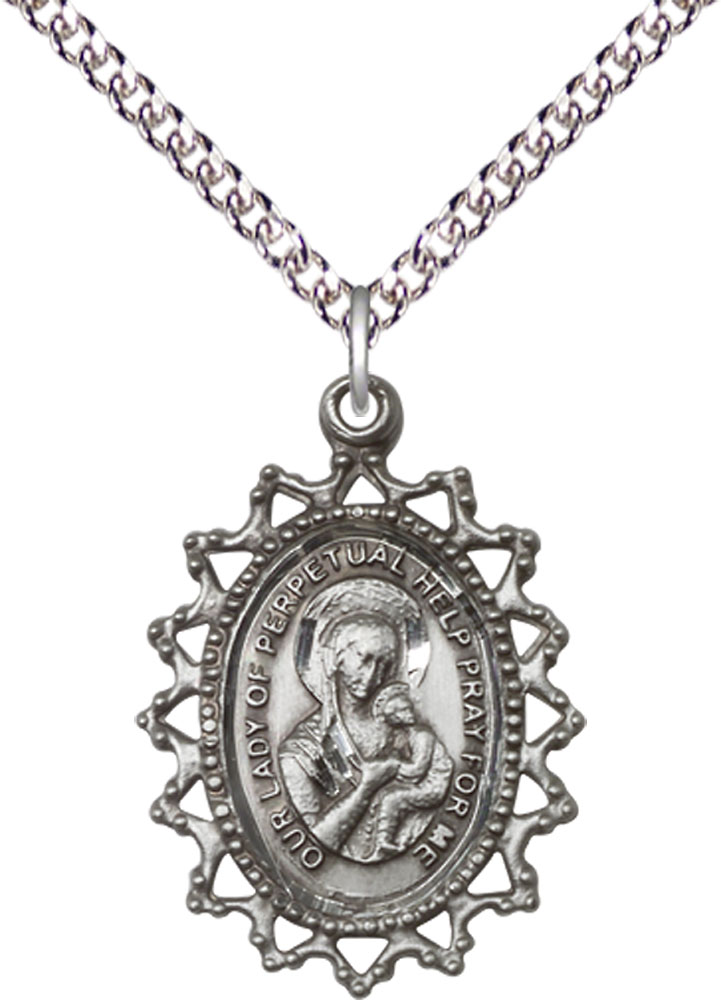 Sterling Silver Our Lady of Perpetual Help Pendant on a 24 inch Sterling Silver Heavy Curb chain