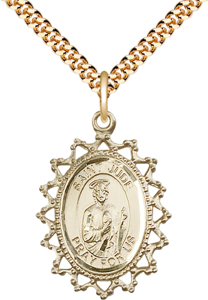 14kt Gold Filled Saint Jude Pendant on a 24 inch Gold Plate Heavy Curb chain