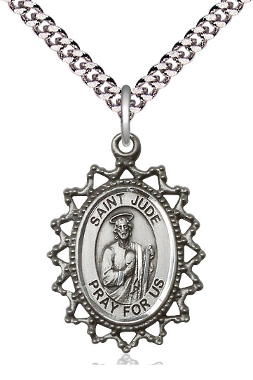 Sterling Silver Saint Jude Pendant on a 24 inch Light Rhodium Heavy Curb chain