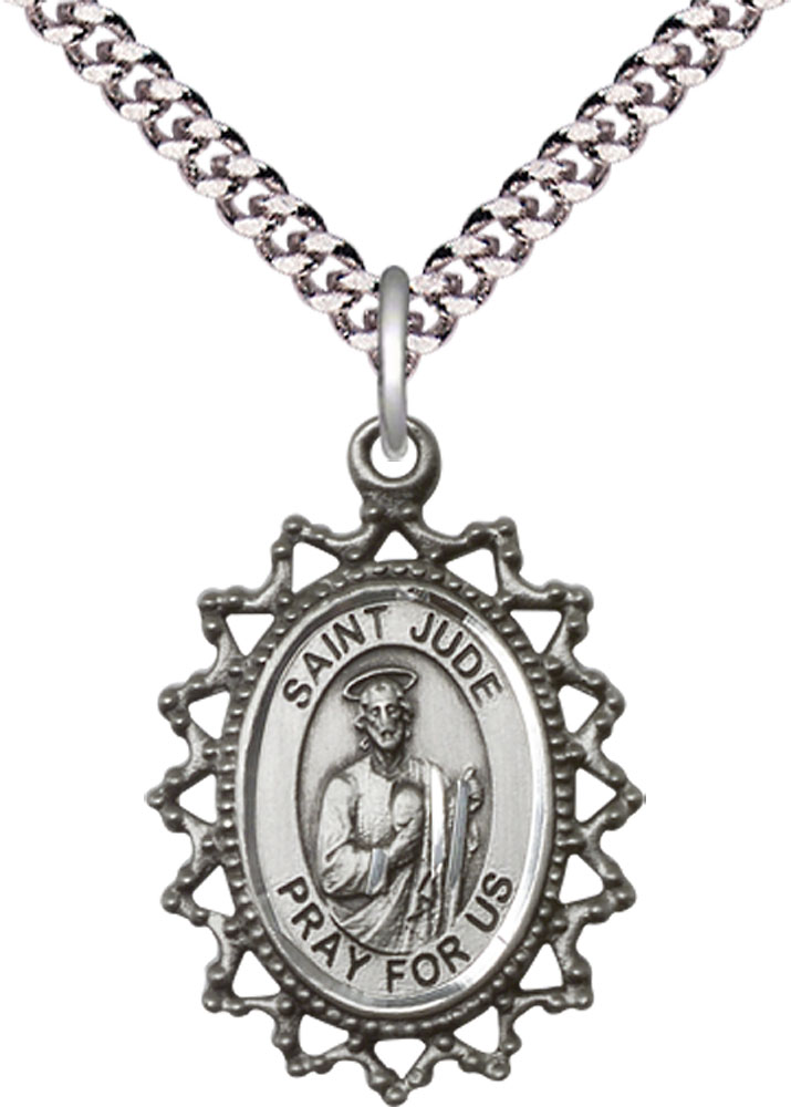 Sterling Silver Saint Jude Pendant on a 24 inch Light Rhodium Heavy Curb chain