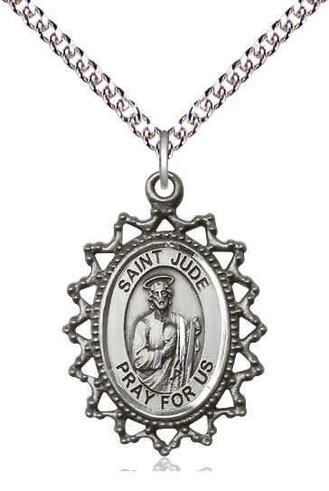 Sterling Silver Saint Jude Pendant on a 24 inch Sterling Silver Heavy Curb chain