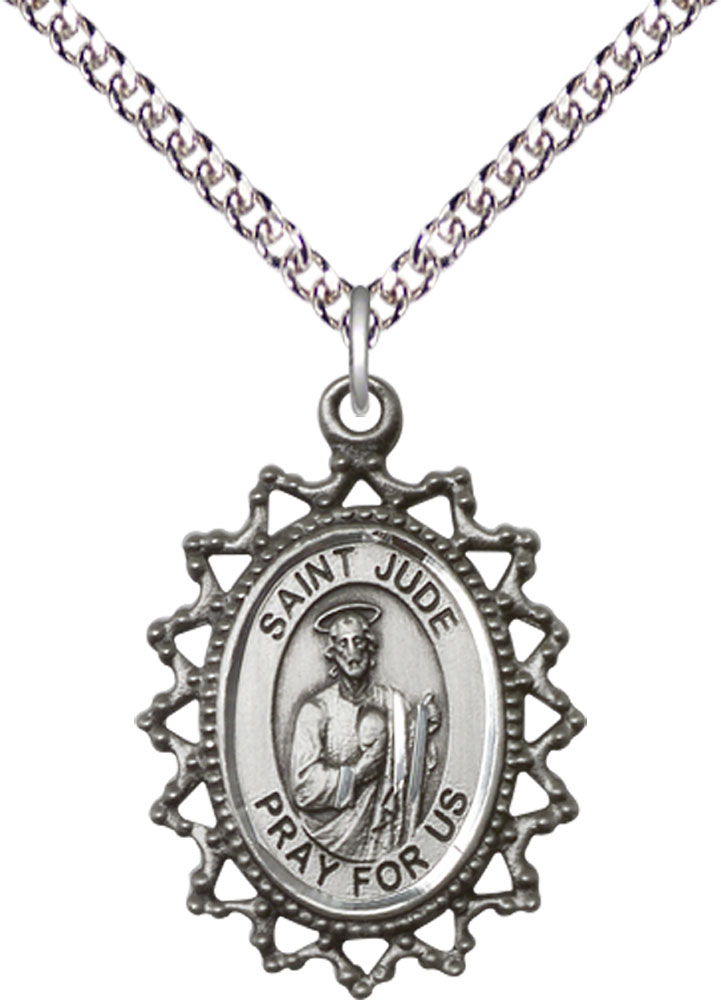 Sterling Silver Saint Jude Pendant on a 24 inch Sterling Silver Heavy Curb chain