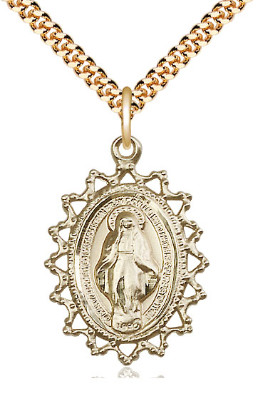 14kt Gold Filled Miraculous Pendant on a 24 inch Gold Plate Heavy Curb chain
