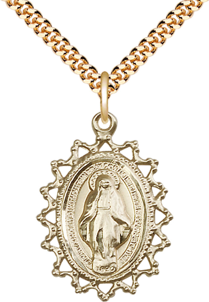 14kt Gold Filled Miraculous Pendant on a 24 inch Gold Plate Heavy Curb chain