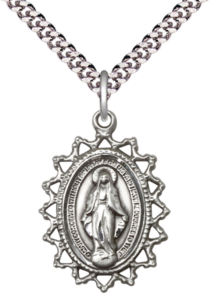 Sterling Silver Miraculous Pendant on a 24 inch Light Rhodium Heavy Curb chain