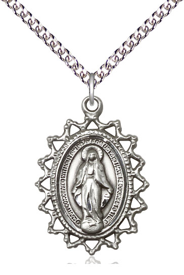 Sterling Silver Miraculous Pendant on a 24 inch Sterling Silver Heavy Curb chain