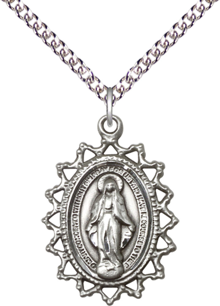 Sterling Silver Miraculous Pendant on a 24 inch Sterling Silver Heavy Curb chain