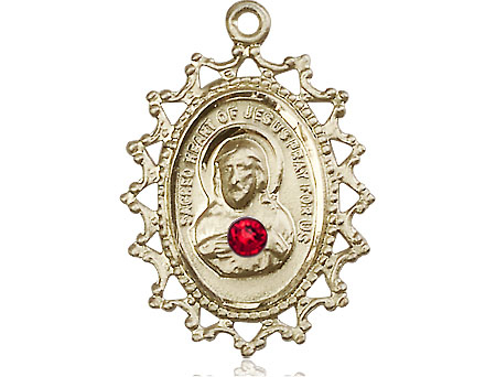 14kt Gold Filled Scapular w/ Ruby Stone Medal with a 3mm Ruby Swarovski stone