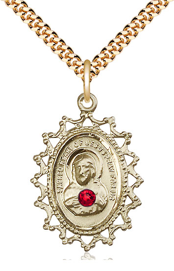 14kt Gold Filled Scapular w/ Ruby Stone Pendant with a 3mm Ruby Swarovski stone on a 24 inch Gold Plate Heavy Curb chain