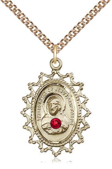 14kt Gold Filled Scapular w/ Ruby Stone Pendant with a 3mm Ruby Swarovski stone on a 24 inch Gold Filled Heavy Curb chain