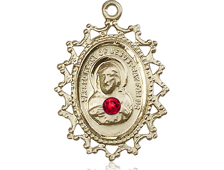 14kt Gold Scapular w/ Ruby Stone Medal with a 3mm Ruby Swarovski stone