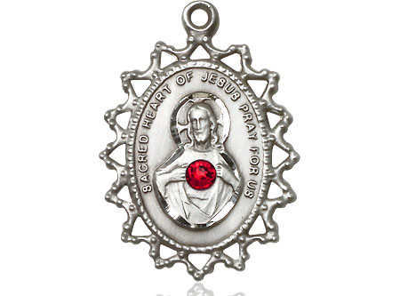 Sterling Silver Scapular w/ Ruby Stone Medal with a 3mm Ruby Swarovski stone