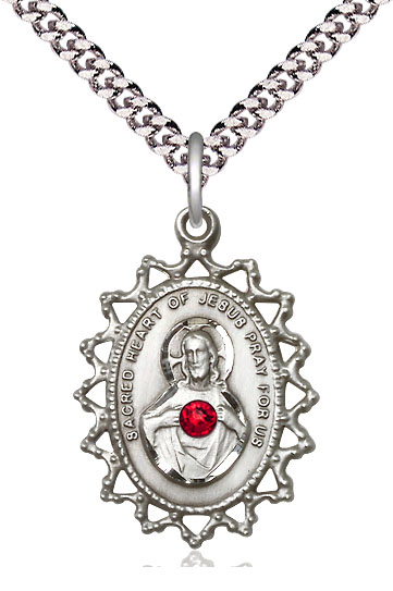 Sterling Silver Scapular w/ Ruby Stone Pendant with a 3mm Ruby Swarovski stone on a 24 inch Light Rhodium Heavy Curb chain