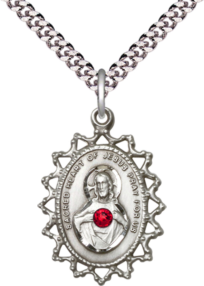 Sterling Silver Scapular w/ Ruby Stone Pendant with a 3mm Ruby Swarovski stone on a 24 inch Light Rhodium Heavy Curb chain