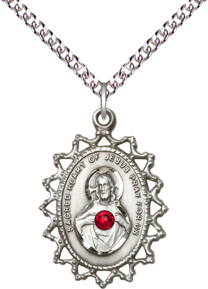 Sterling Silver Scapular w/ Ruby Stone Pendant with a 3mm Ruby Swarovski stone on a 24 inch Sterling Silver Heavy Curb chain