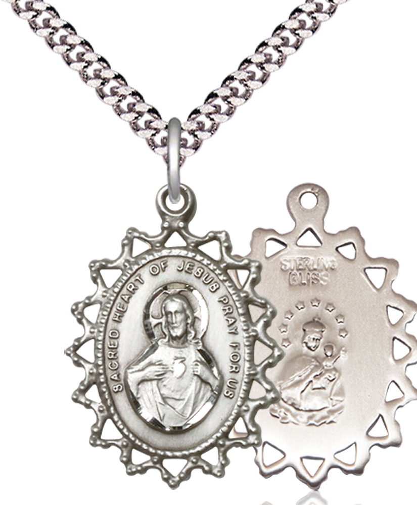 Sterling Silver Scapular Pendant on a 24 inch Light Rhodium Heavy Curb chain