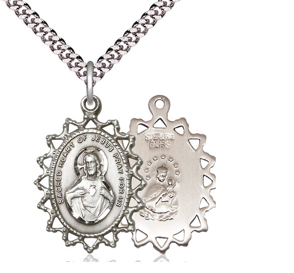 Sterling Silver Scapular Pendant on a 24 inch Light Rhodium Heavy Curb chain
