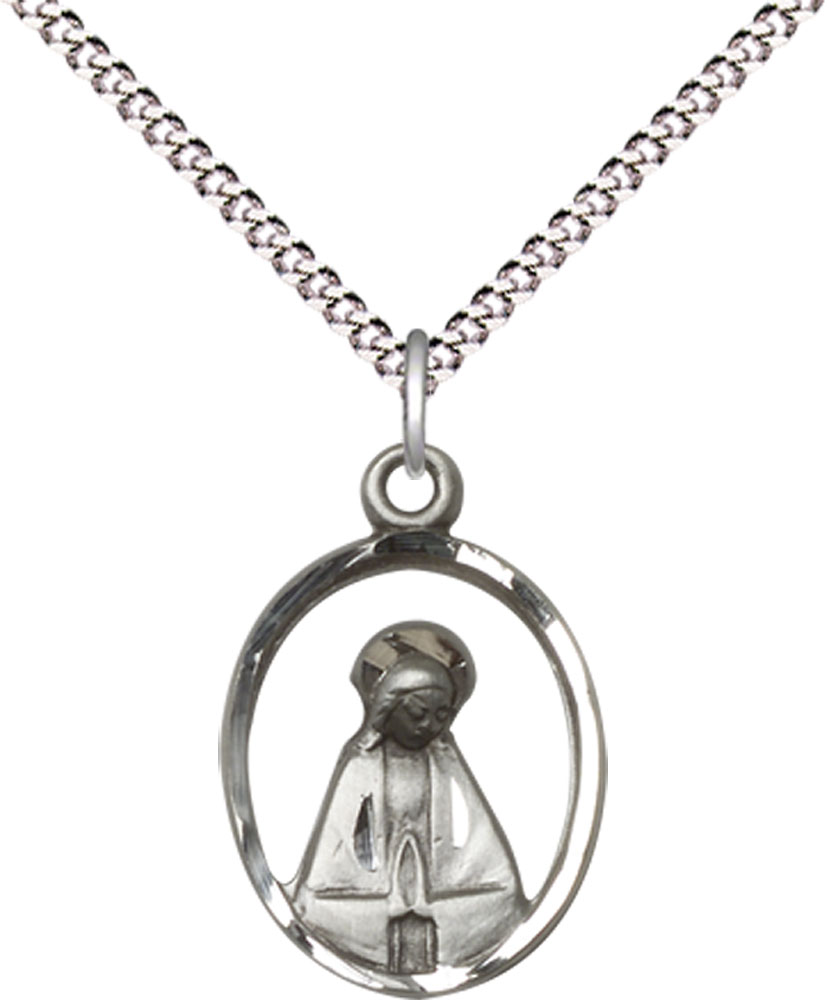 Sterling Silver Madonna Pendant on a 18 inch Light Rhodium Light Curb chain