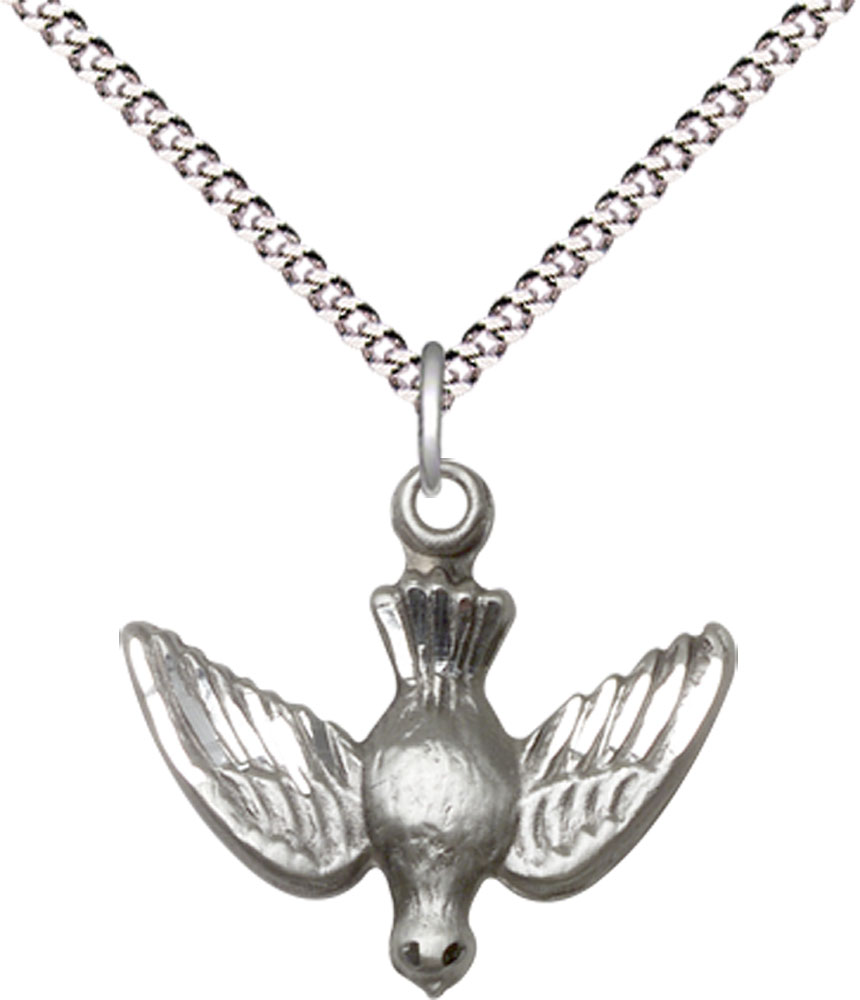 Sterling Silver Holy Spirit Pendant on a 18 inch Light Rhodium Light Curb chain