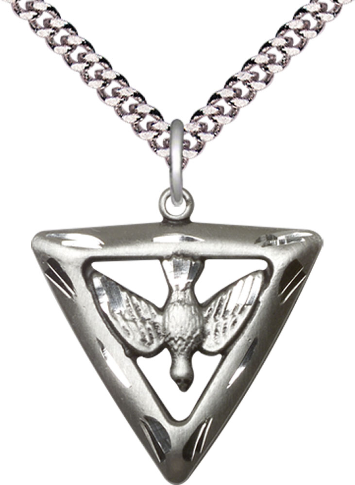 Sterling Silver Holy Spirit Triangle Pendant on a 24 inch Light Rhodium Heavy Curb chain