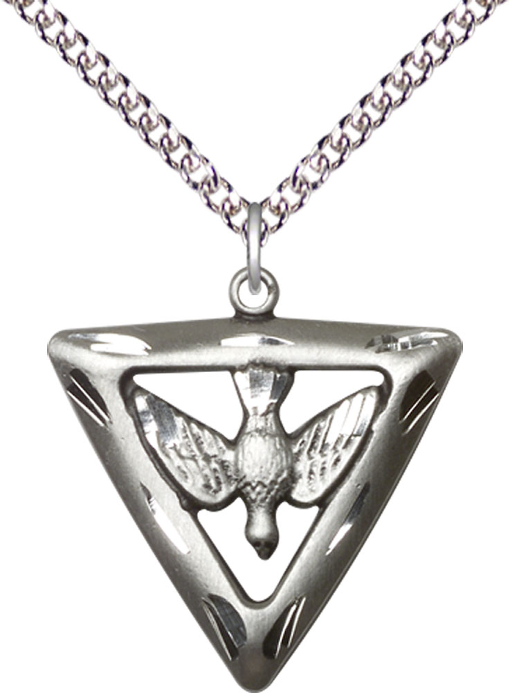 Sterling Silver Holy Spirit Triangle Pendant on a 24 inch Sterling Silver Heavy Curb chain