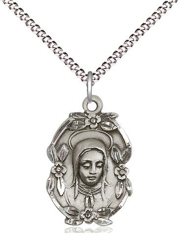 Sterling Silver Madonna Pendant on a 18 inch Light Rhodium Light Curb chain