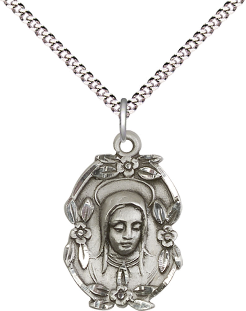 Sterling Silver Madonna Pendant on a 18 inch Light Rhodium Light Curb chain