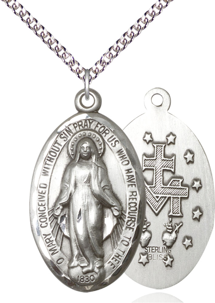 Sterling Silver Miraculous Pendant on a 24 inch Sterling Silver Heavy Curb chain