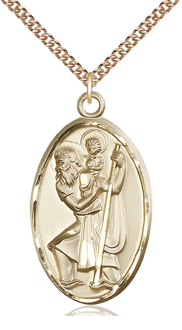 14kt Gold Filled Saint Christopher Pendant on a 24 inch Gold Filled Heavy Curb chain