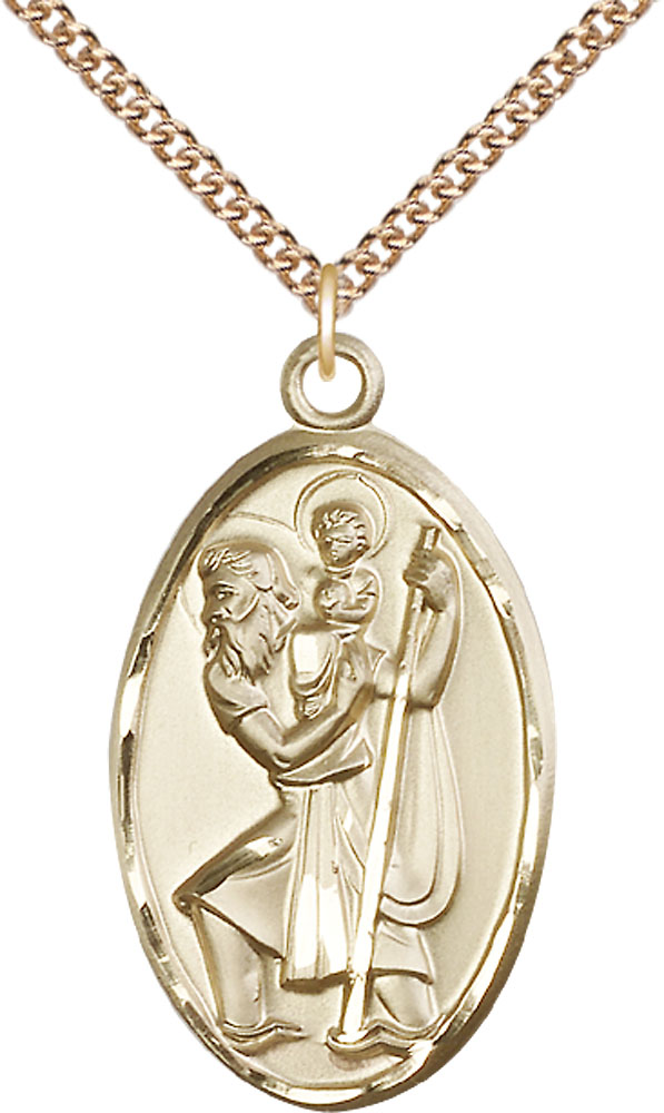 14kt Gold Filled Saint Christopher Pendant on a 24 inch Gold Filled Heavy Curb chain