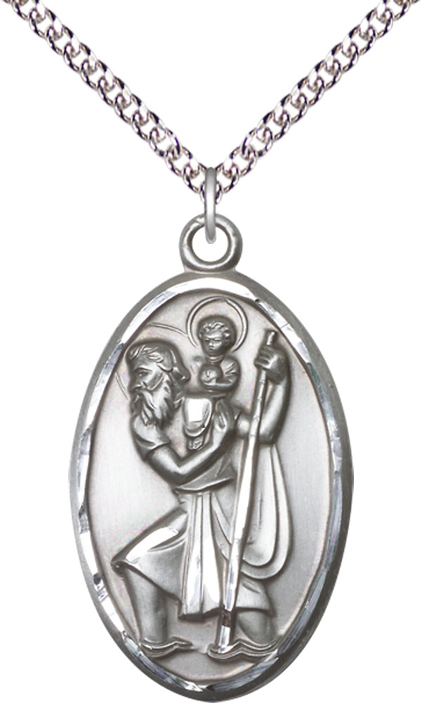 Sterling Silver Saint Christopher Pendant on a 24 inch Sterling Silver Heavy Curb chain