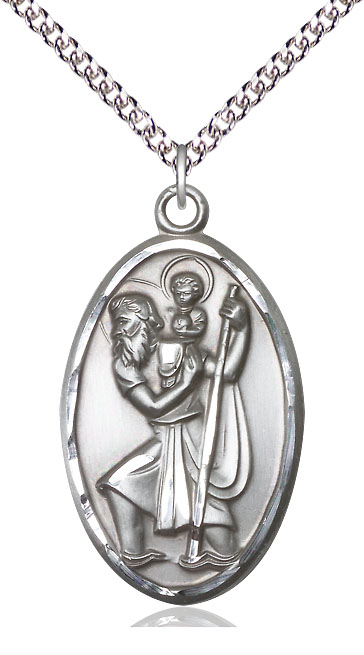 Sterling Silver Saint Christopher Pendant on a 24 inch Sterling Silver Heavy Curb chain