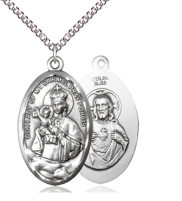Sterling Silver Our Lady of Mount Carmel Pendant on a 24 inch Sterling Silver Heavy Curb chain