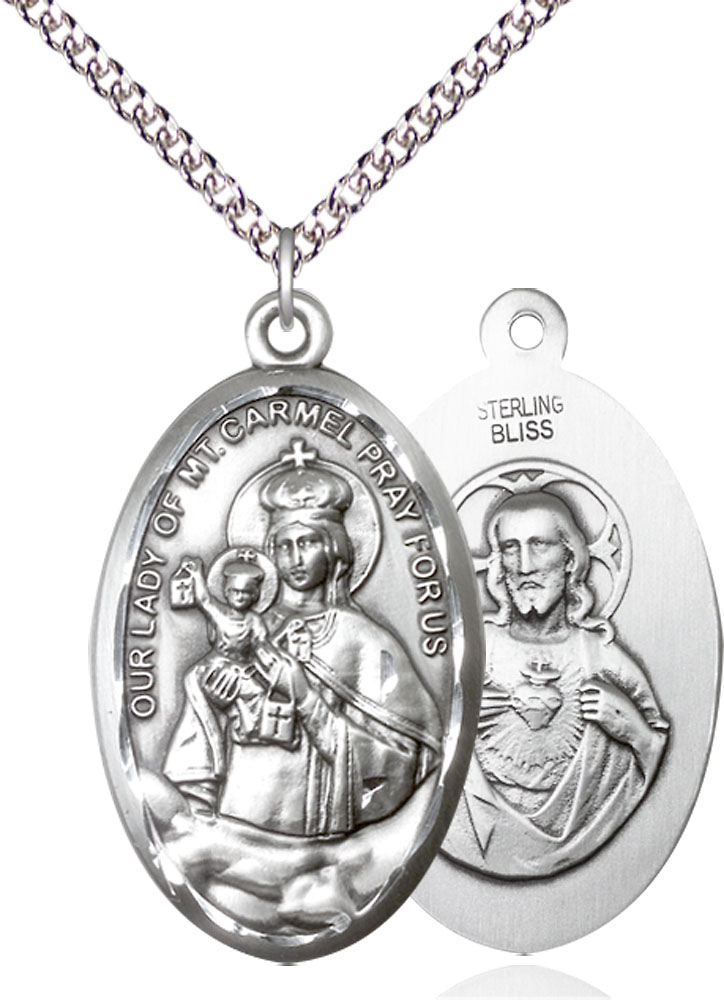 Sterling Silver Our Lady of Mount Carmel Pendant on a 24 inch Sterling Silver Heavy Curb chain