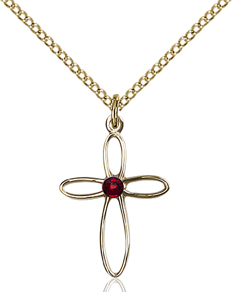 14kt Gold Filled Loop Cross Pendant with a 3mm Garnet Swarovski stone on a 18 inch Gold Filled Light Curb chain