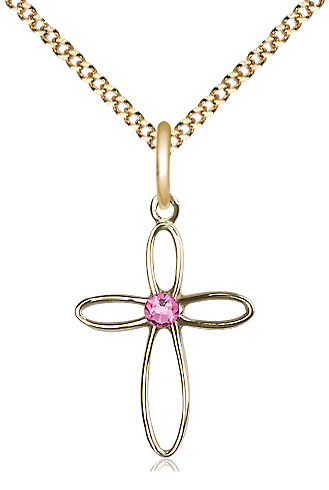 14kt Gold Filled Loop Cross Pendant with a 3mm Rose Swarovski stone on a 18 inch Gold Plate Light Curb chain