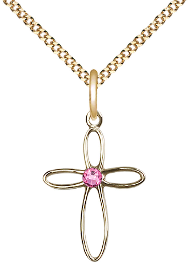 14kt Gold Filled Loop Cross Pendant with a 3mm Rose Swarovski stone on a 18 inch Gold Plate Light Curb chain